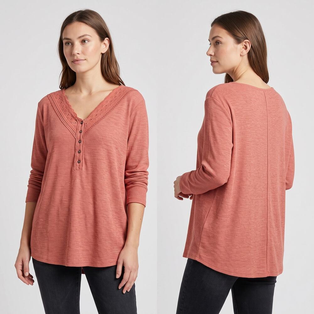 Cato Womens Plus Size 22/24W 3/4 Sleeve V Neck Henley Top Pink